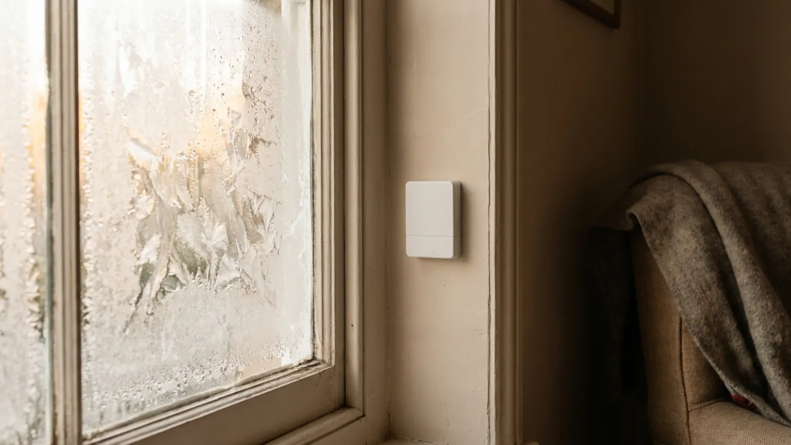 A frosted window on a winter morning, with a small white temperature sensor on the wall beside it