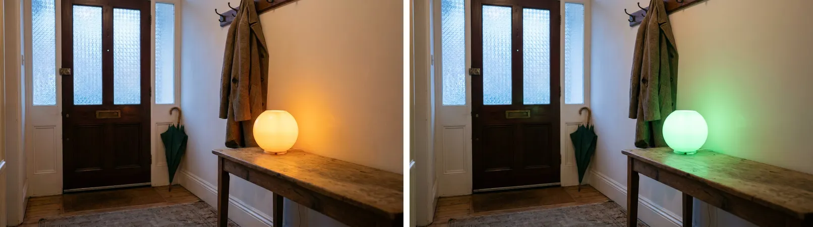 The hall lamp on two mornings: amber means you'd only be waiting on the platform, green means go