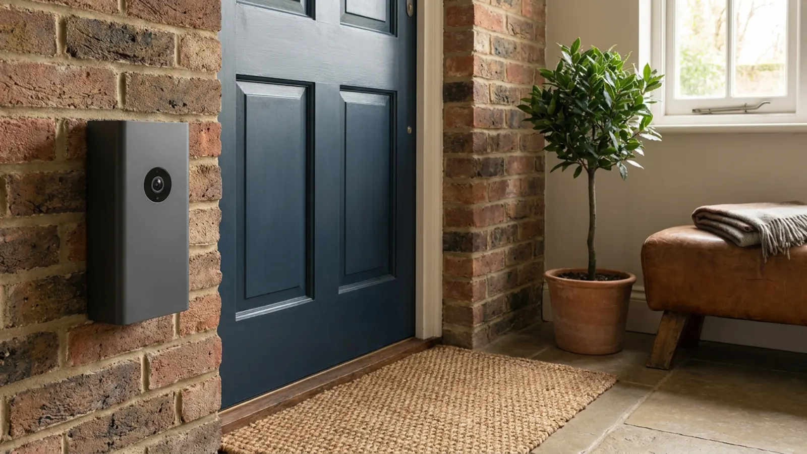 A video doorbell beside a dark blue front door, with a bay tree in a pot
