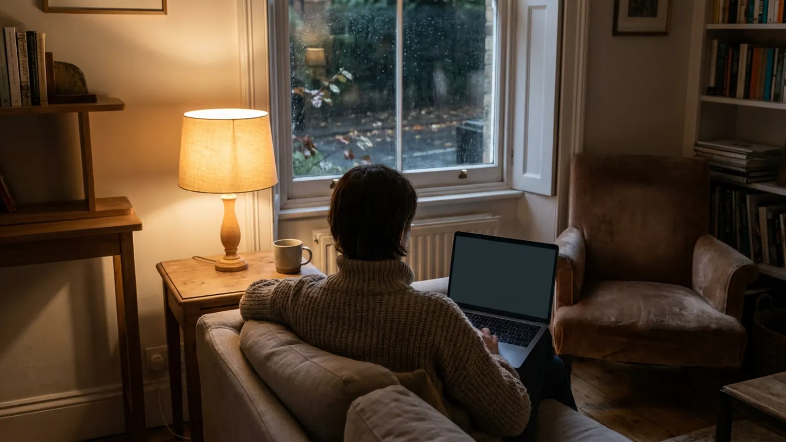 Someone on a sofa in the evening with a laptop on their knees, a warm lamp beside them and rain on the window