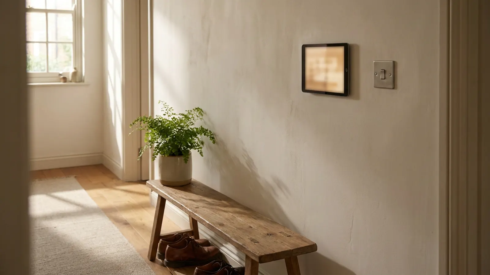 A hallway with a small tablet mounted on the wall beside the light switch, a bench and a plant below it
