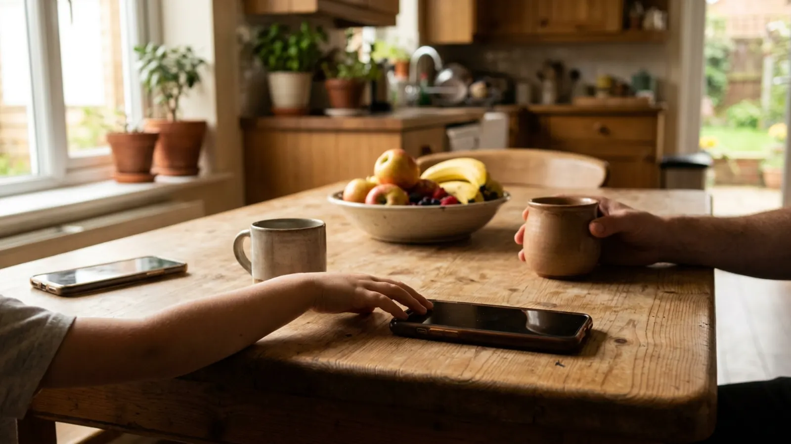 Breakfast on a kitchen table, with two phones lying beside the mugs and a child's hand reaching for one