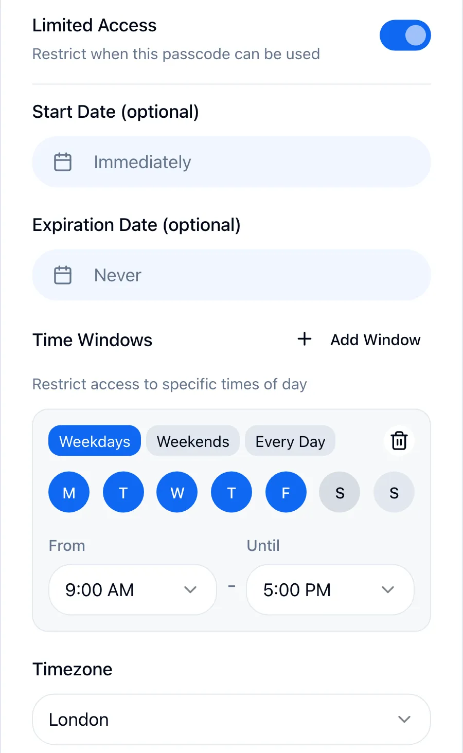 Limited Access for a passcode: optional start and expiry dates, and a time window on weekdays from 9am to 5pm, London time