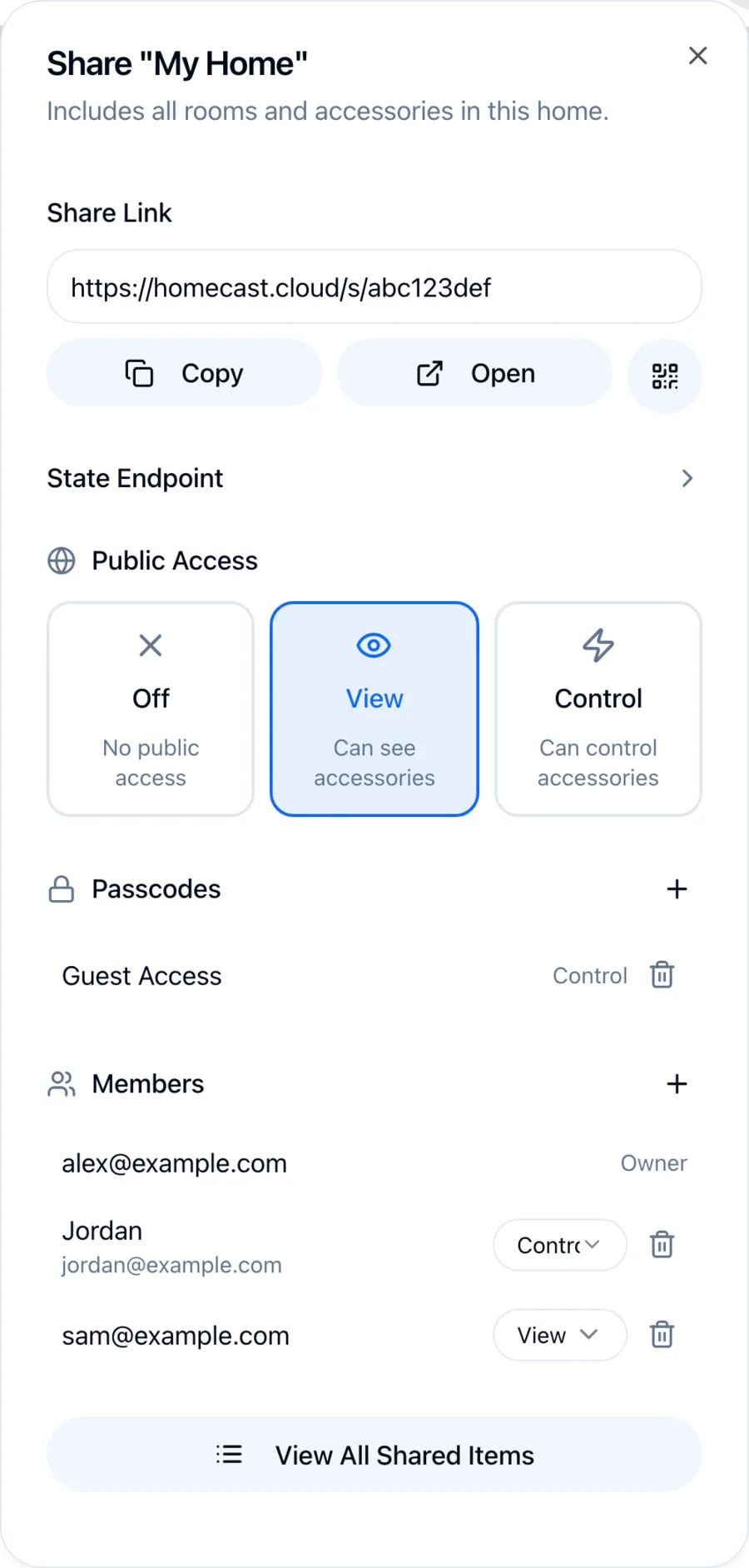 The Share dialog for a home: the share link, Public Access set to View, a passcode, and three members with their roles