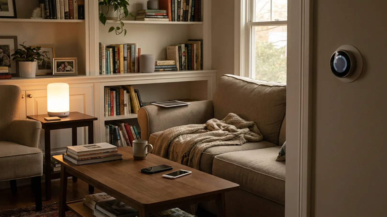 A lived-in living room with a speaker on the bookshelf, a lamp, a thermostat on the wall and phones on the coffee table